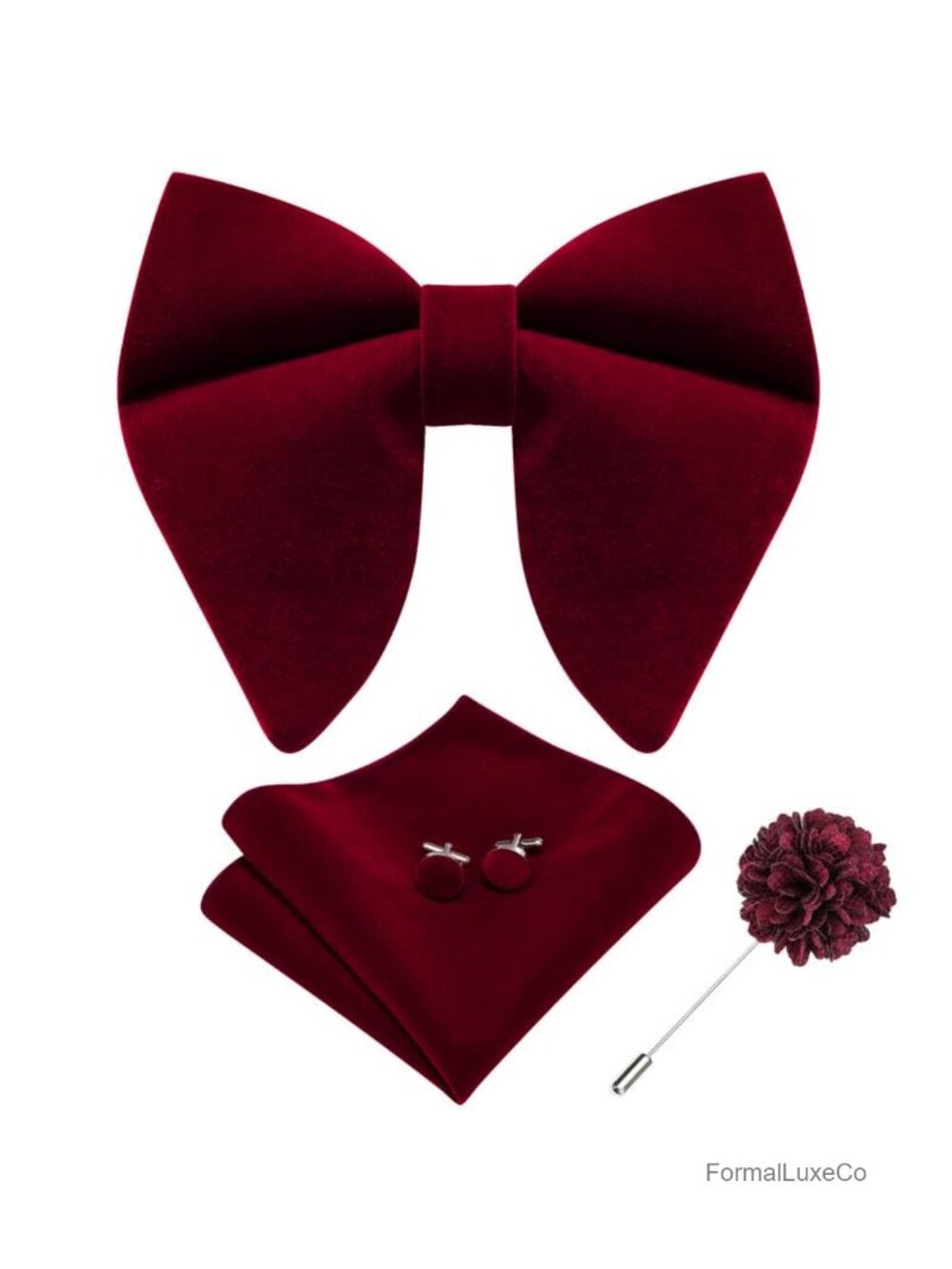 Men's Pre-tied Velvet Bow Tie Set with Pocket Square, Cufflinks, Lapel Pin